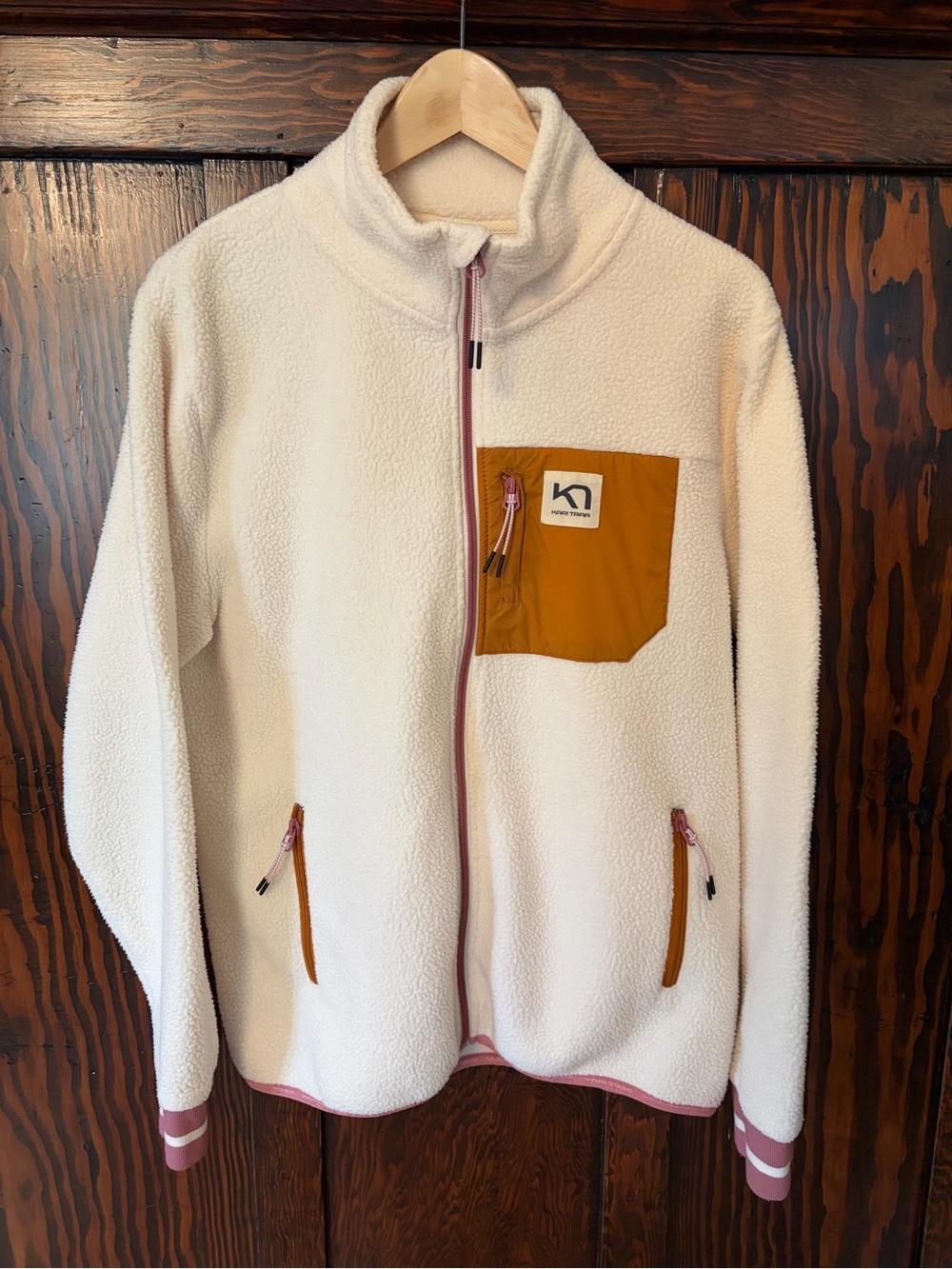 Kari Traa Cream Fleece Zip Jacket with Mustard Pocket and Pink Trim